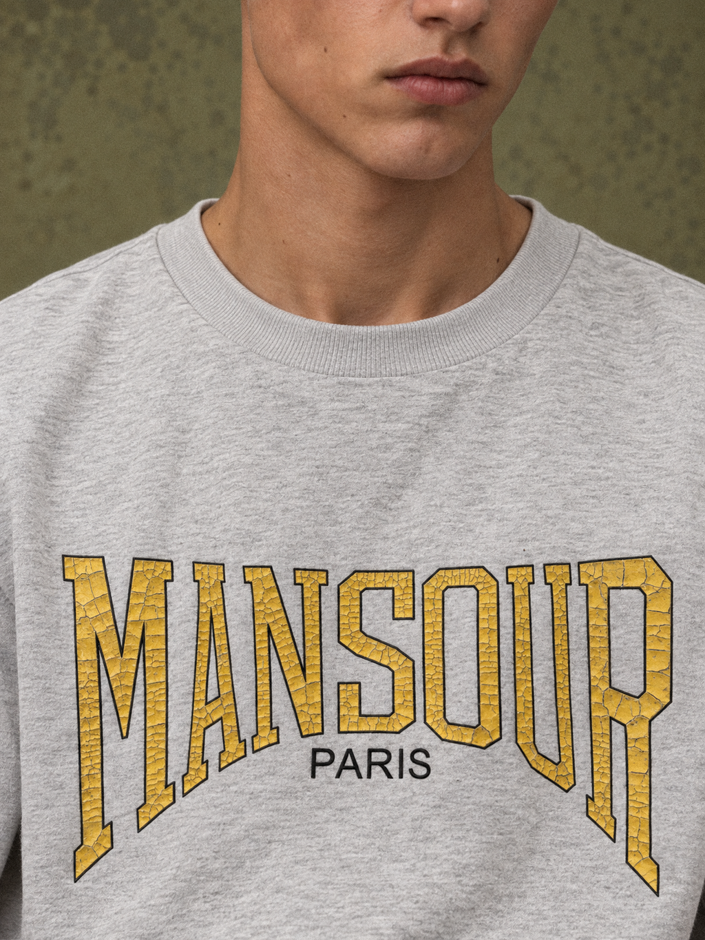 Cracked Print T-shirt Grey Melange van Art. Department, gedragen door model, close-up