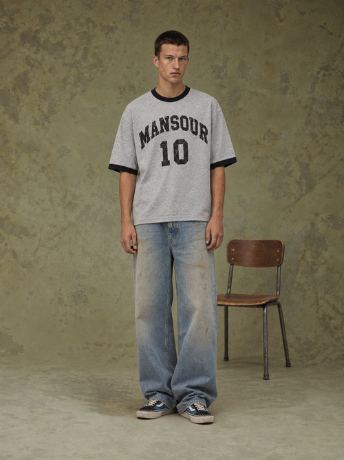 College 10 Ringer T-shirt Grey by Art. Department, worn by model, full length