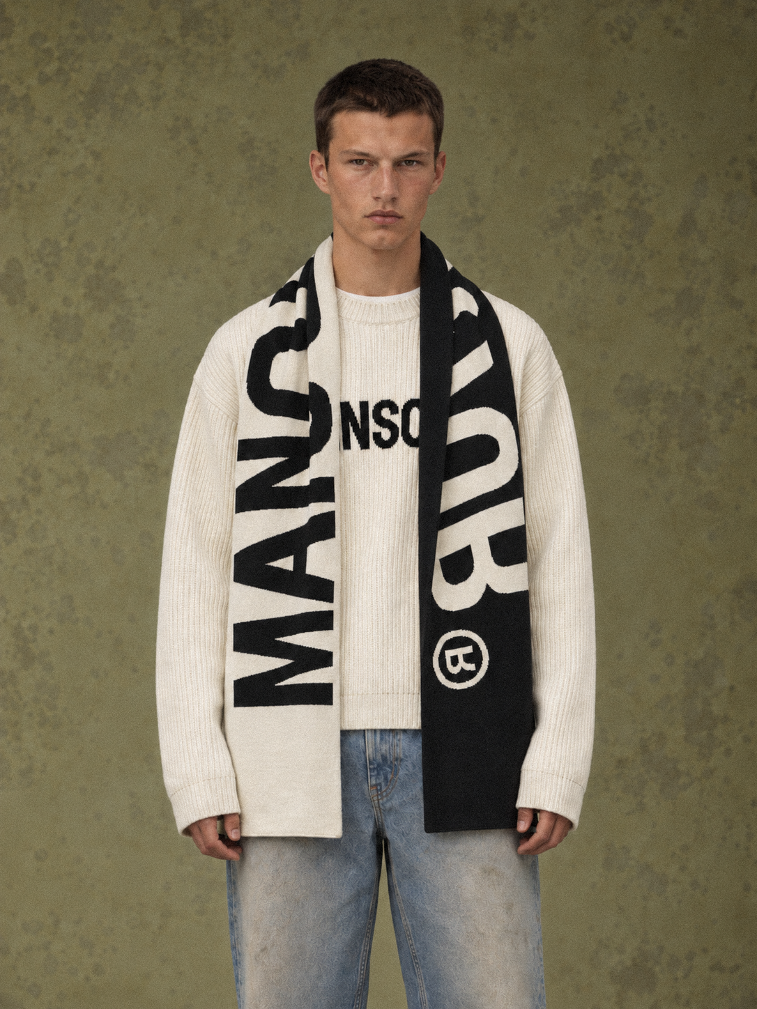 Jacquard Logo Scarf Black by Art. Department, worn by model