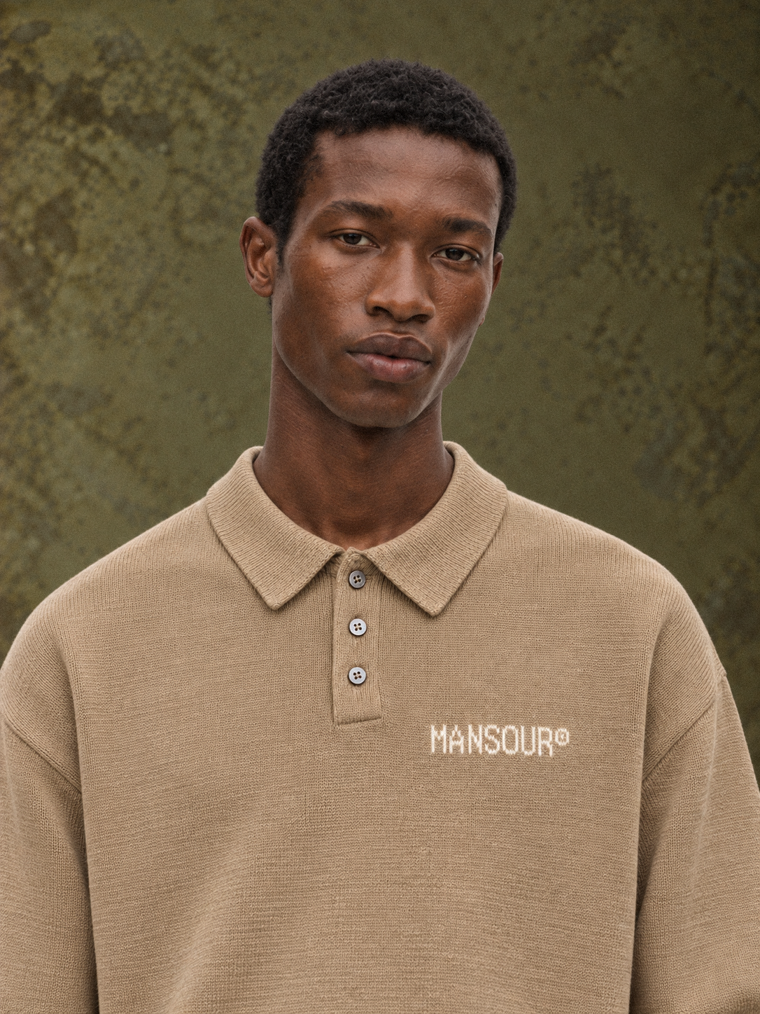 Knitted Longsleeve Polo Brown by Art. Department, worn by model, close-up