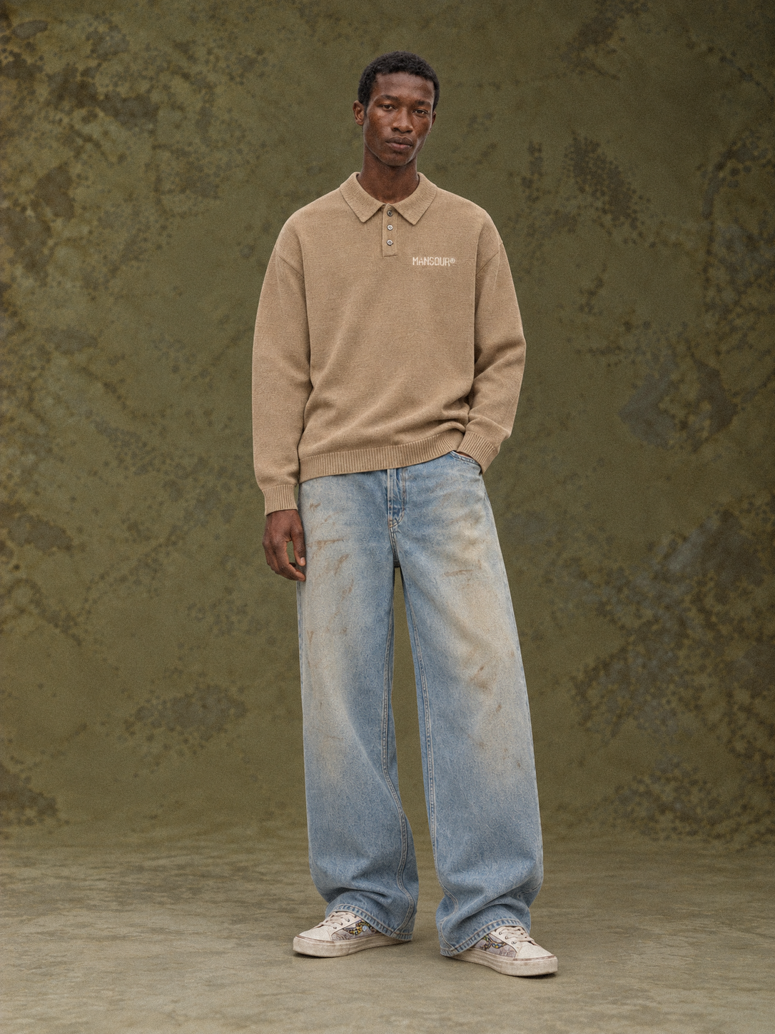 Knitted Longsleeve Polo Brown by Art. Department, worn by model, full length