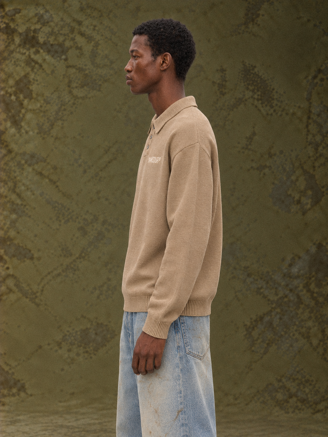 Knitted Longsleeve Polo Brown by Art. Department, worn by model, side view