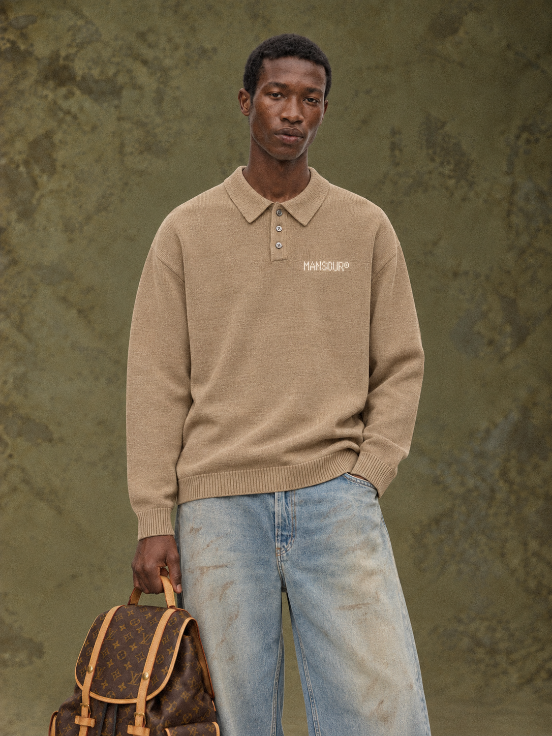Knitted Longsleeve Polo Brown by Art. Department, worn by model