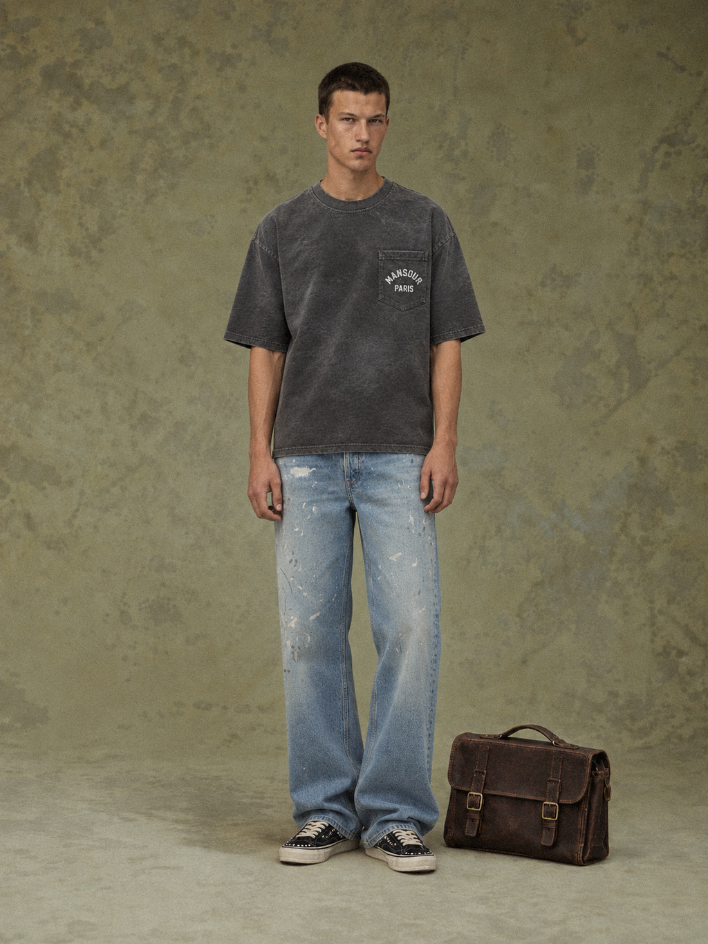 Pocket T-shirt Sprayed Black by Art. Department, worn by model