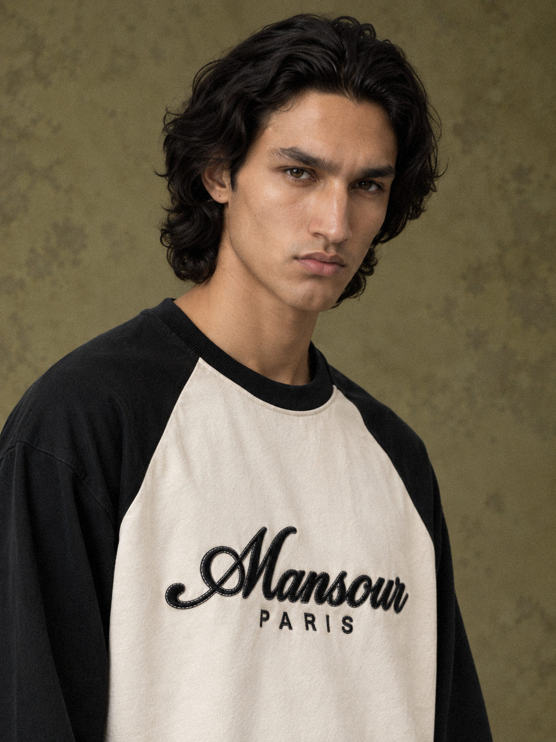Script Raglan Longsleeve Off White/Black by Art. Department, worn by model, close-up