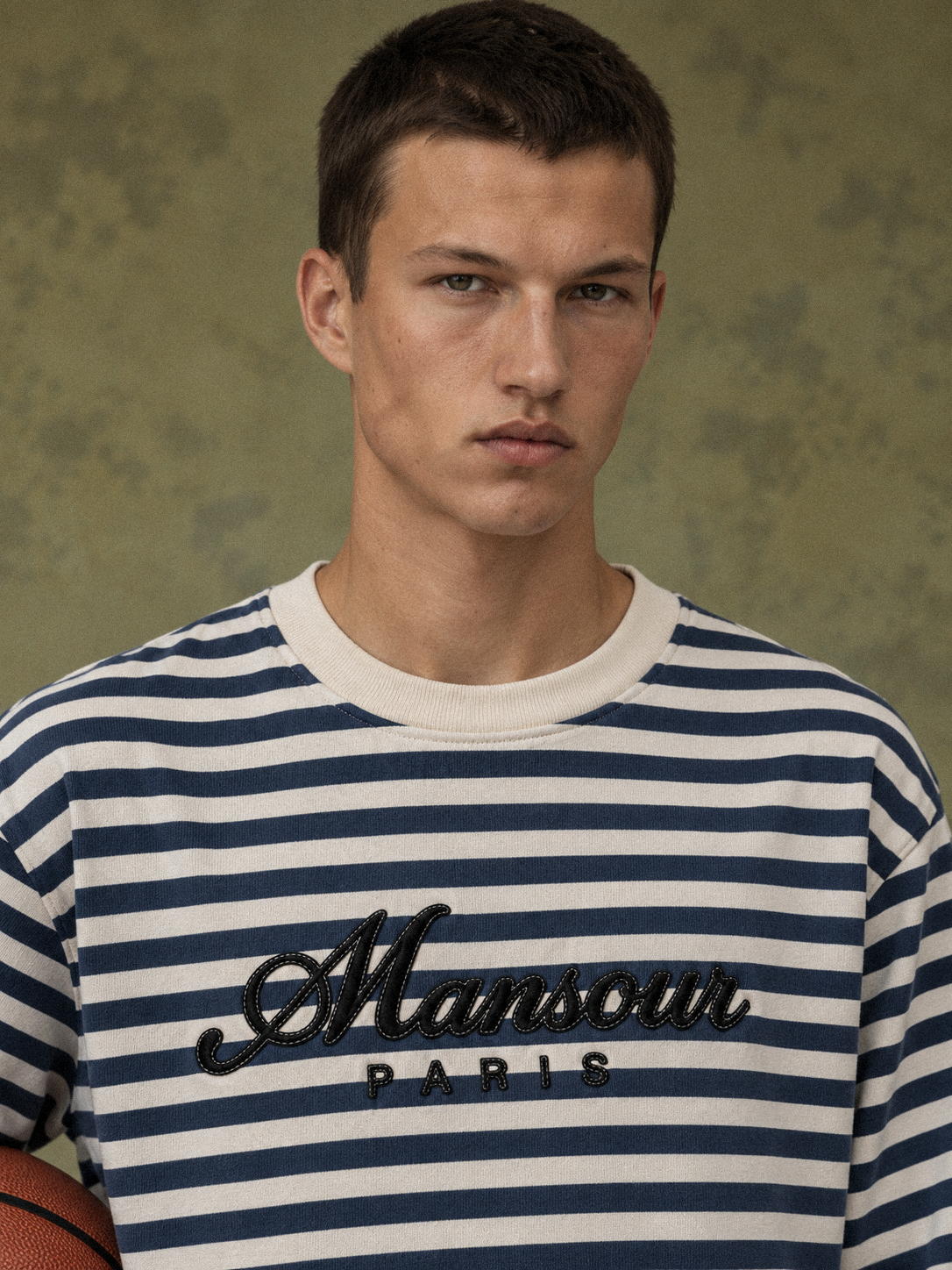 Striped Script Longsleeve Navy by Art. Department, worn by model, close-up