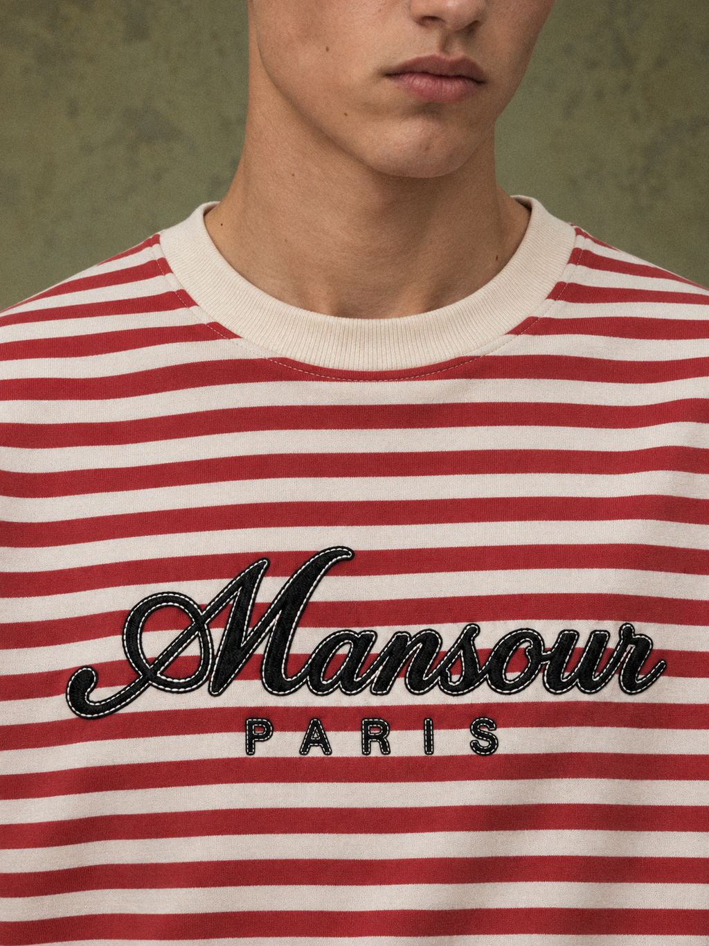 Striped Script Longsleeve Red by Art. Department, worn by model, close-up
