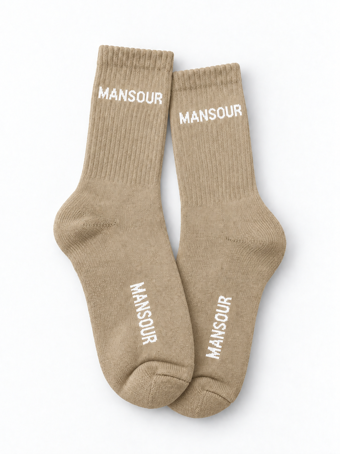 Mansour Logo Socks Beige, paar plat neergelegd