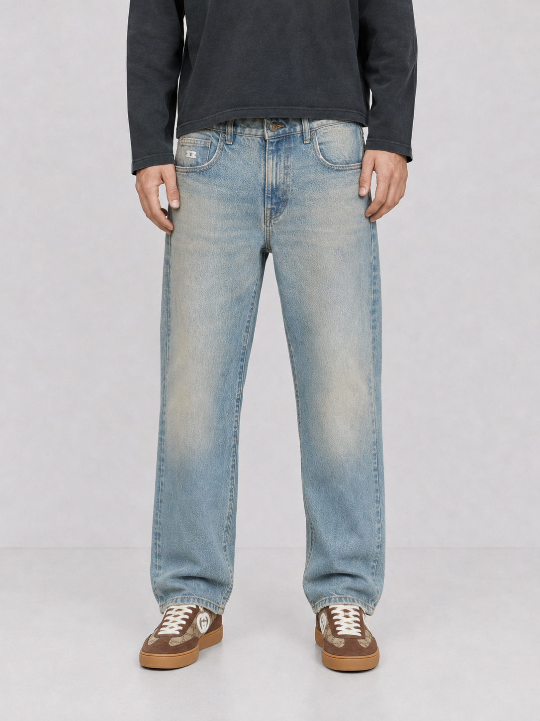 Mansour Vintage Brown Washed Regular Fit Jeans in heavyweight 400gsm brown-green washed denim, regular straight fit