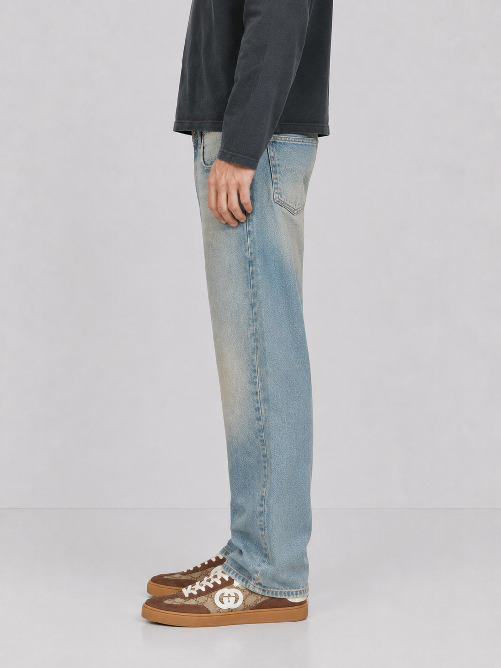 Vintage Brown Washed Regular Fit Jeans by Mansour, damaged and distressed heavyweight denim in a brown-green wash