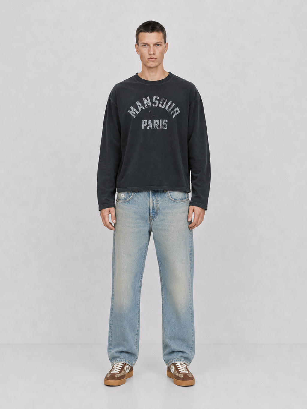 Mansour Vintage Brown Washed Regular Fit Jeans styled in full look, heavyweight washed denim in regular straight fit