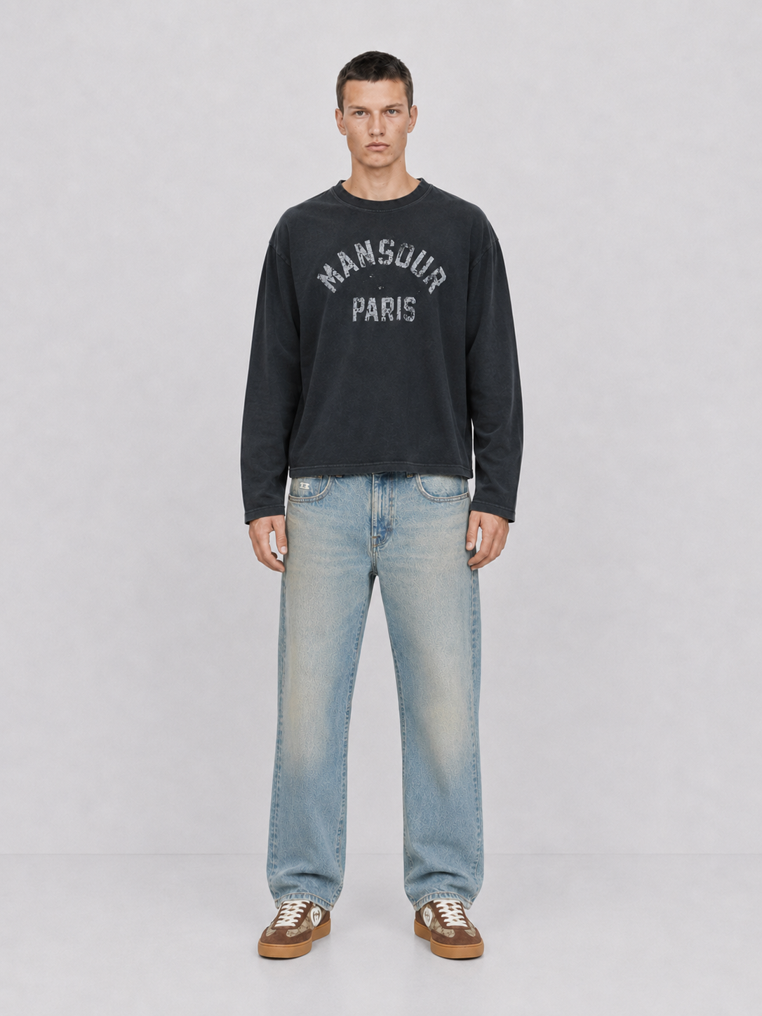 Mansour Vintage Brown Washed Regular Fit Jeans styled in full look, heavyweight washed denim in regular straight fit